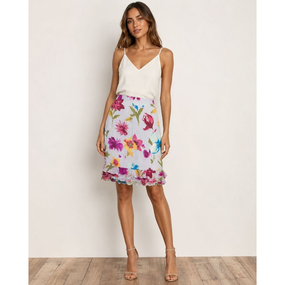 Escada Vintage Silk Vibrant Watercolor Floral Print Tiered Ruffled Hem Skirt 38